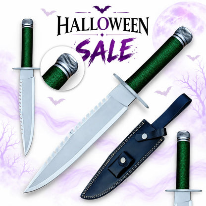 Rambo First Blood Part I survival knife replica with green textured handle, silver sawback blade, metal pommel and black leather sheath in Halloween sale.