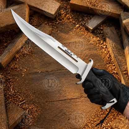 Gloved-hand lifestyle shot of the Rambo III survival Bowie knife replica, highlighting the satin-finish blade and brown handle.