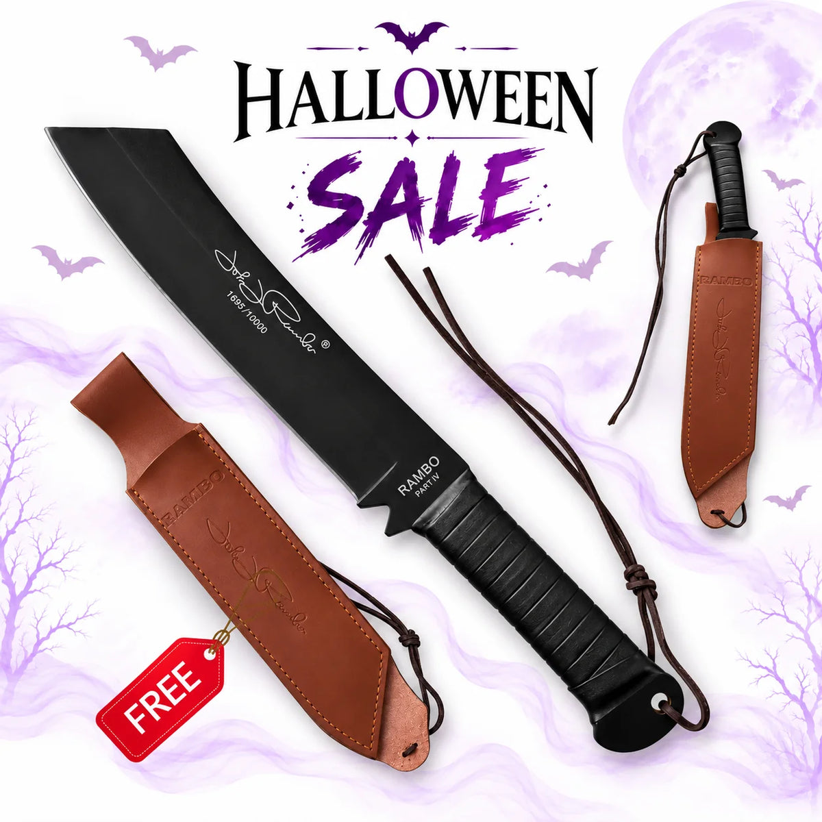 Rambo IV movie machete knife replica featuring a wide black blade, signature engraving, black wrapped handle and brown leather sheath in Halloween sale.