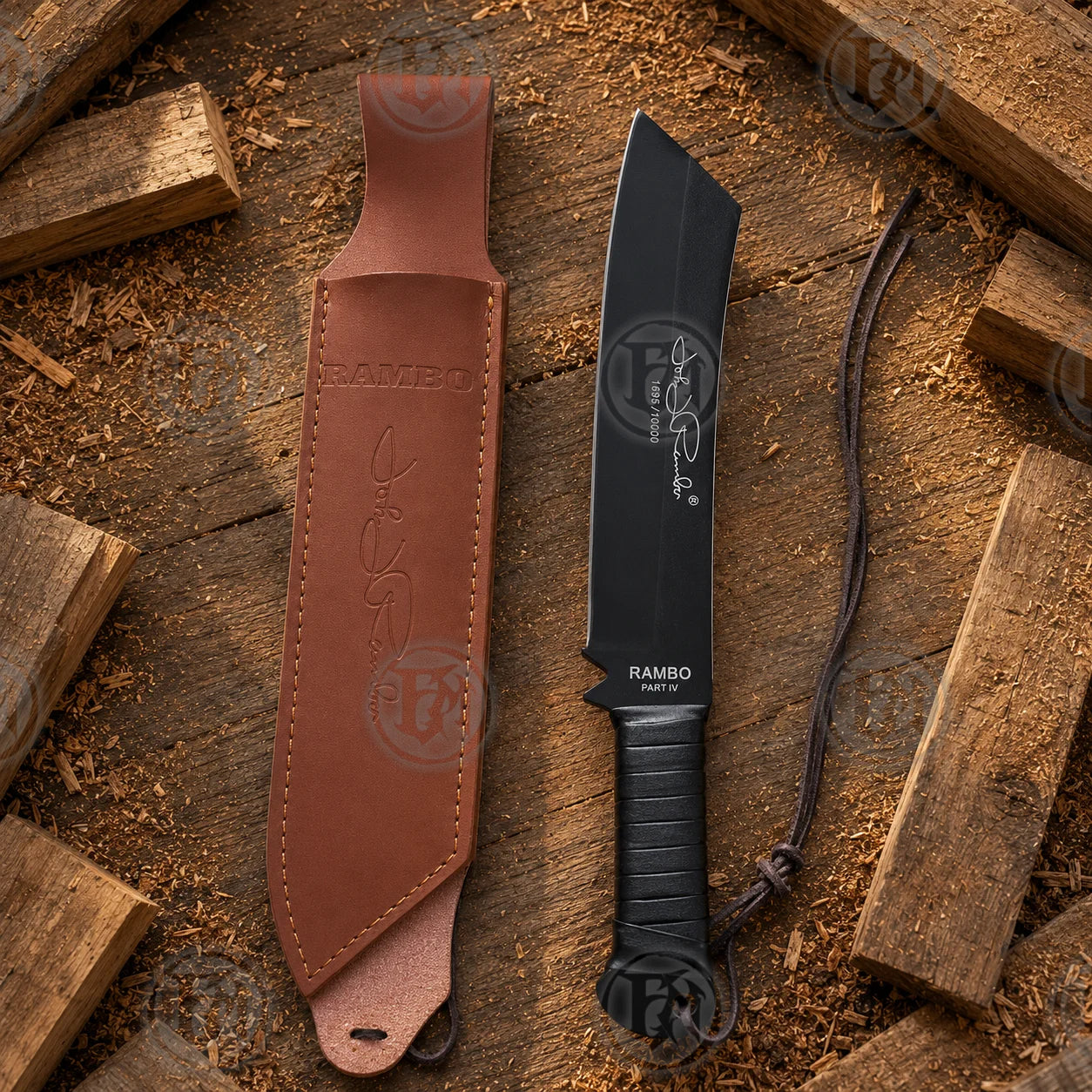 Full Rambo IV signature machete beside its brown leather sheath, showing the complete black blade and wrapped grip.
