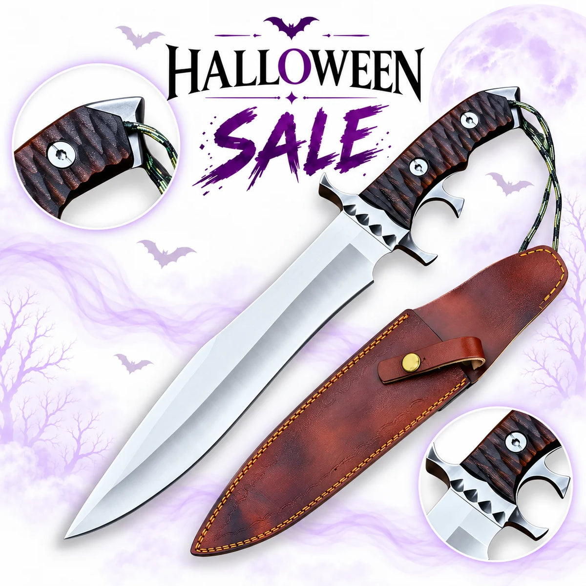 Rambo V Last Blood Heartstopper Knife replica with wide silver blade, textured dark wooden grip, finger-ring guard and brown leather sheath in Halloween sale.