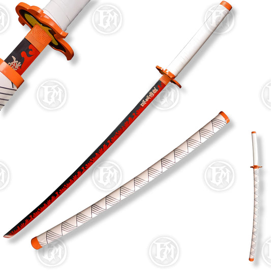 Rengoku Sword Demon Slayer Carbon Steel – Authentic anime collectible with flame tsuba, white cord-wrapped handle, perfect for cosplay and display.