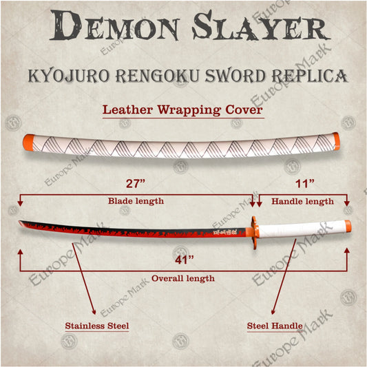 Rengoku Sword Demon Slayer Carbon Steel – Authentic anime collectible with flame tsuba, white cord-wrapped handle, perfect for cosplay and display.