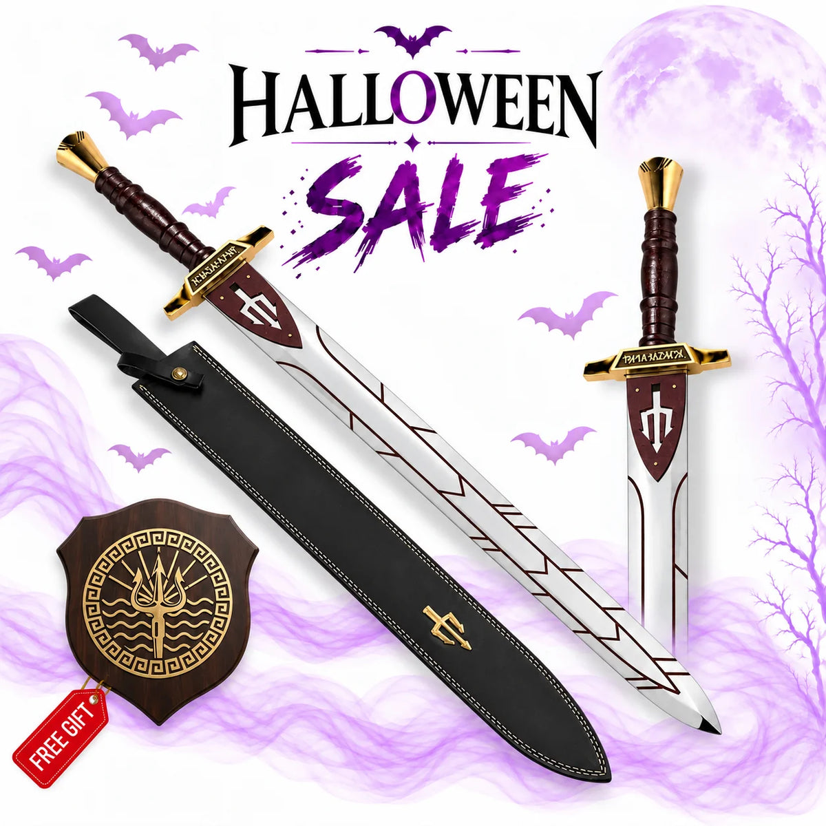 Percy Jackson Riptide Anaklusmos replica sword with gold hilt, engraved silver blade, black sheath and decorative display plaque in Halloween sale artwork.