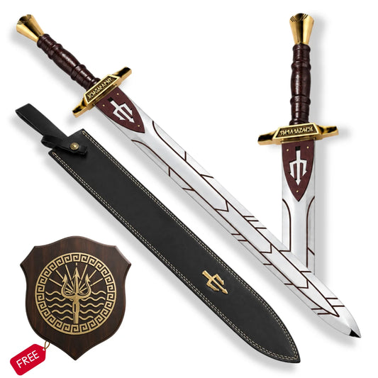 Riptide Anaklusmos Percy Jackson sword replica with engraved silver blade, black stitched sheath and free Greek trident wall plaque