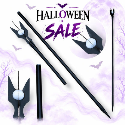 Saruman wizard staff replica from Lord of the Rings with long black shaft, forked crown head and white orb, shown with close-up details in Halloween sale artwork.