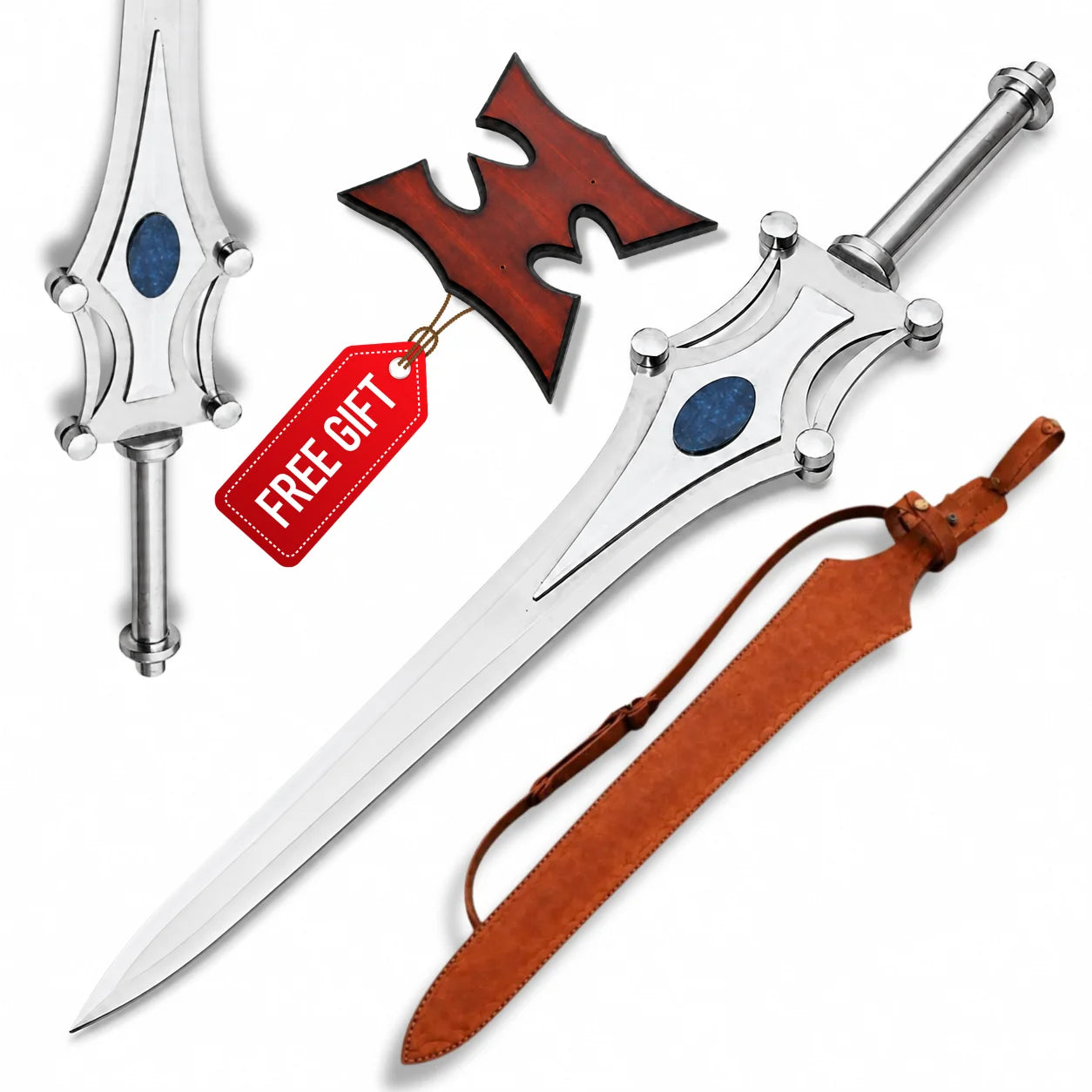 She-Ra Sword replica with blue gem guard, polished silver handle, brown leather sheath and wooden wall display plaque