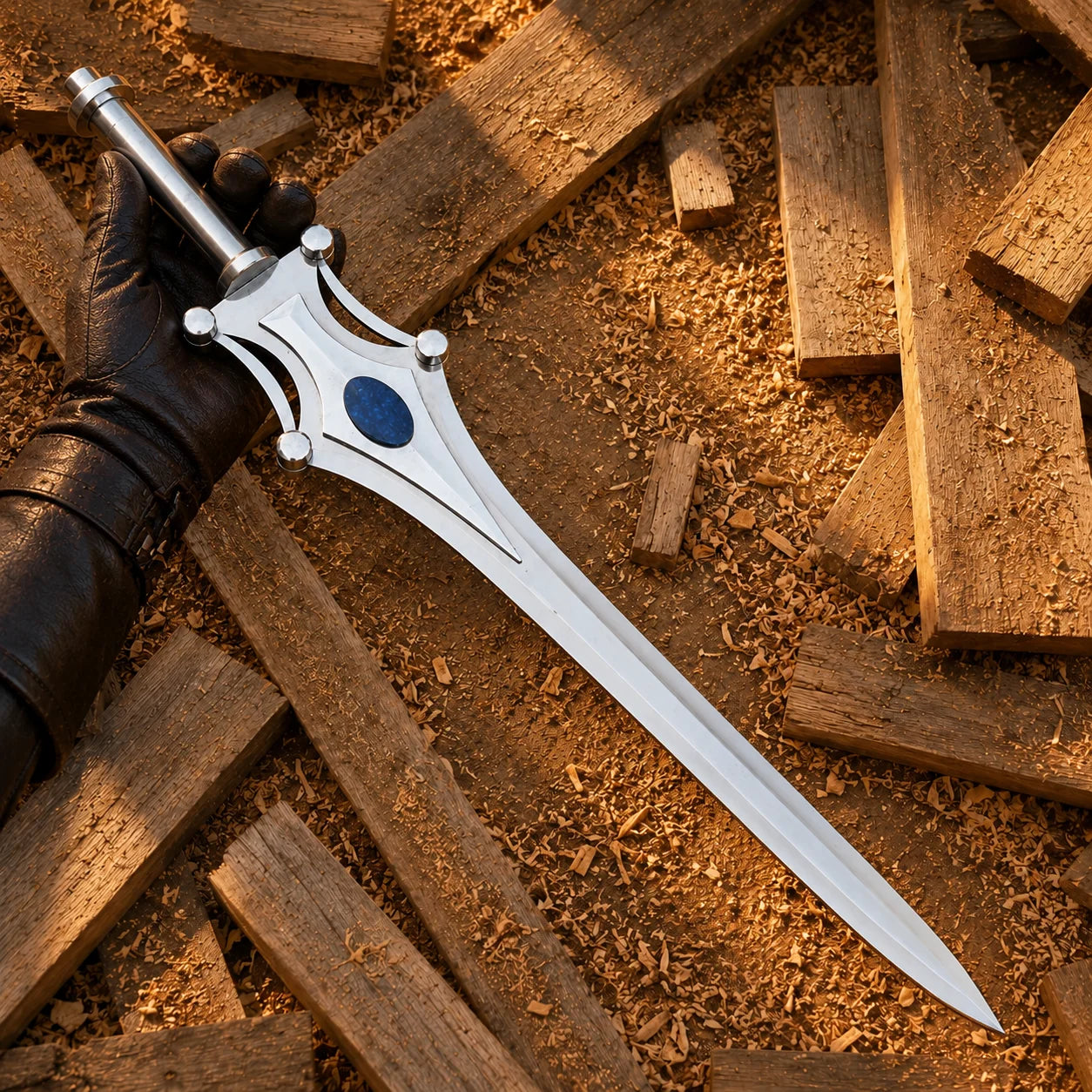 Gloved hand holding She-Ra Sword of Protection inspired replica showing full silver blade and blue jewel guard