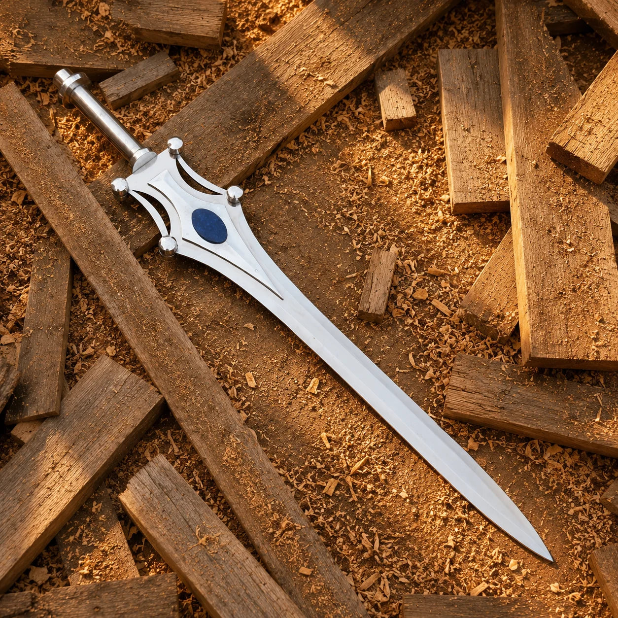 Full She-Ra fantasy sword displayed diagonally on rustic timber with polished blade and blue oval gem detail