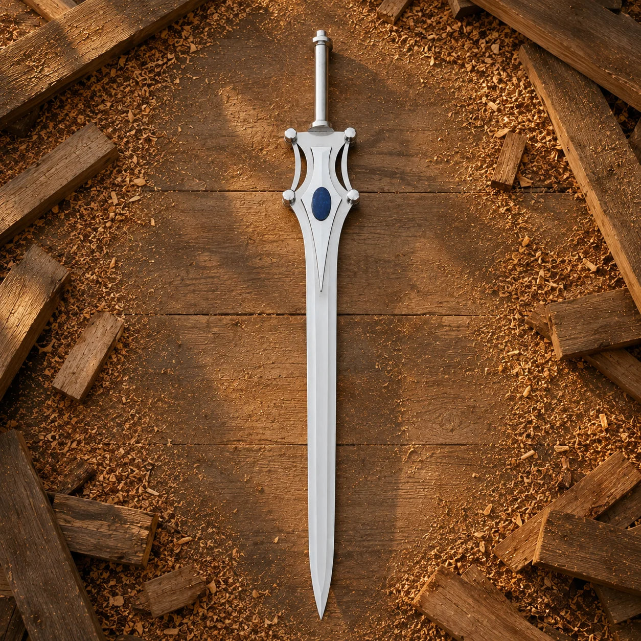 Front view of She-Ra Sword replica showing symmetrical silver guard, blue centre jewel and long tapered blade