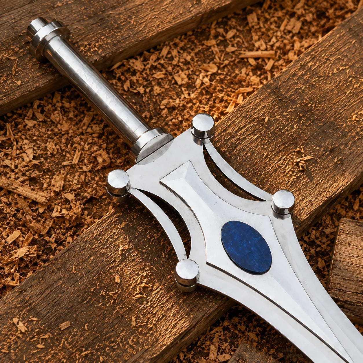 Close-up of She-Ra sword hilt with cylindrical metal handle, open silver guard and oval blue jewel detail