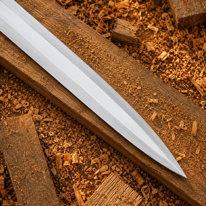 Close-up of polished She-Ra fantasy sword blade showing central ridge and tapered silver point on timber