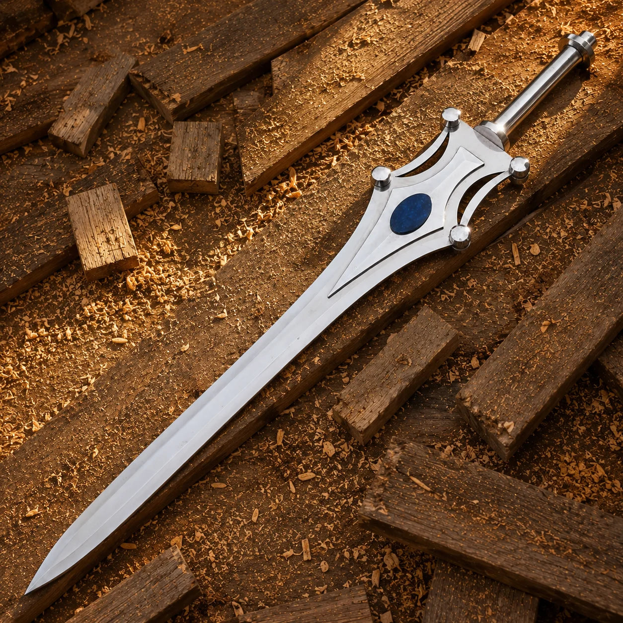 Full-length She-Ra Sword of Protection inspired collectible displayed diagonally on rustic wooden background