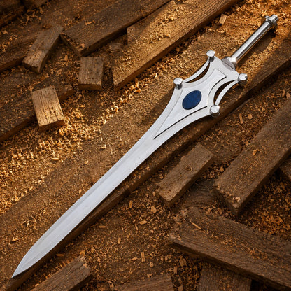 Full-length She-Ra Sword of Protection inspired collectible displayed diagonally on rustic wooden background
