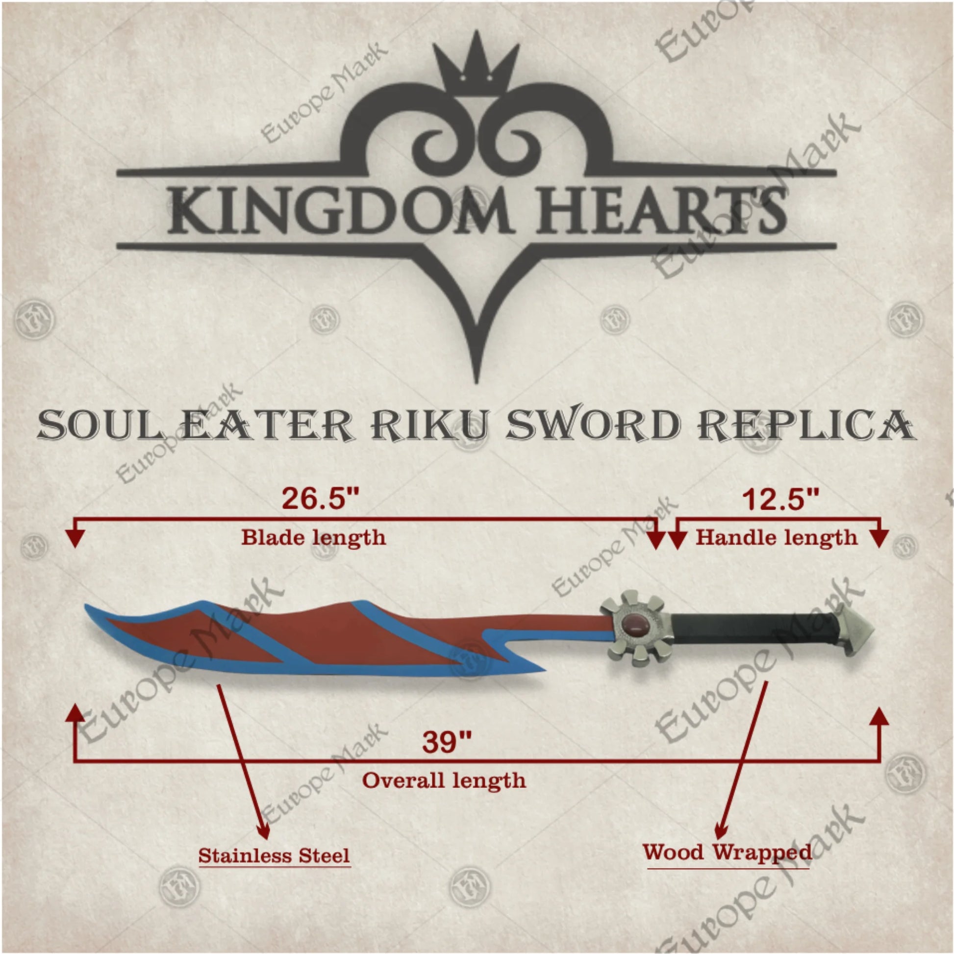 Premium Soul Eater Riku Kingdom Hearts Sword Replica with stainless steel blade.