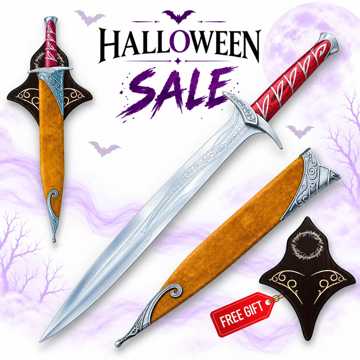 The Hobbit Sting Sword replica Halloween promotional artwork showing an engraved silver fantasy blade, red wrapped handle, gold-coloured sheath and wooden plaque.