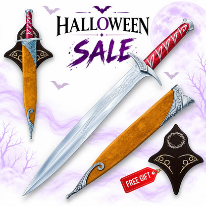 The Hobbit Sting Sword replica Halloween promotional artwork showing an engraved silver fantasy blade, red wrapped handle, gold-coloured sheath and wooden plaque.