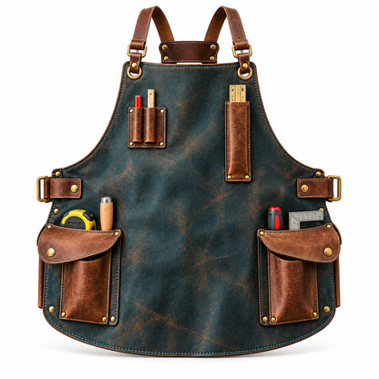 Front view of Studio Wing slate teal cowhide leather apron showing antique-brown flap tool pockets, pencil holders and brass-tone hardware.