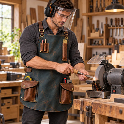 Woodworker wearing a slate teal leather apron and protective face shield while working at a bench grinder in a timber workshop.