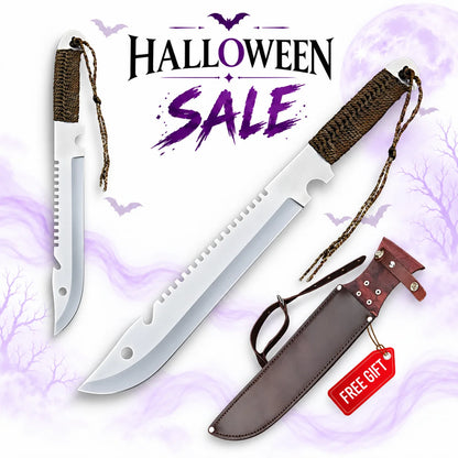 Supernatural Dean Winchester machete knife replica with long silver sawback blade, brown cord-wrapped handle, wrist lanyard and brown leather sheath in Halloween sale.