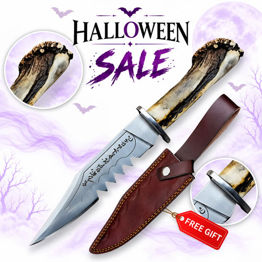 Supernatural Ruby Demon Hunter Knife replica with carved antler handle, engraved silver blade and brown leather sheath, featured in Europe Mark's Halloween sale.