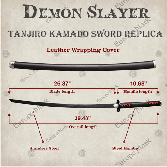 Tanjiro Kamado Sword – High-quality Demon Slayer collectible, carbon steel blade, comfortable faux leather-wrapped handle, perfect for cosplay and display.