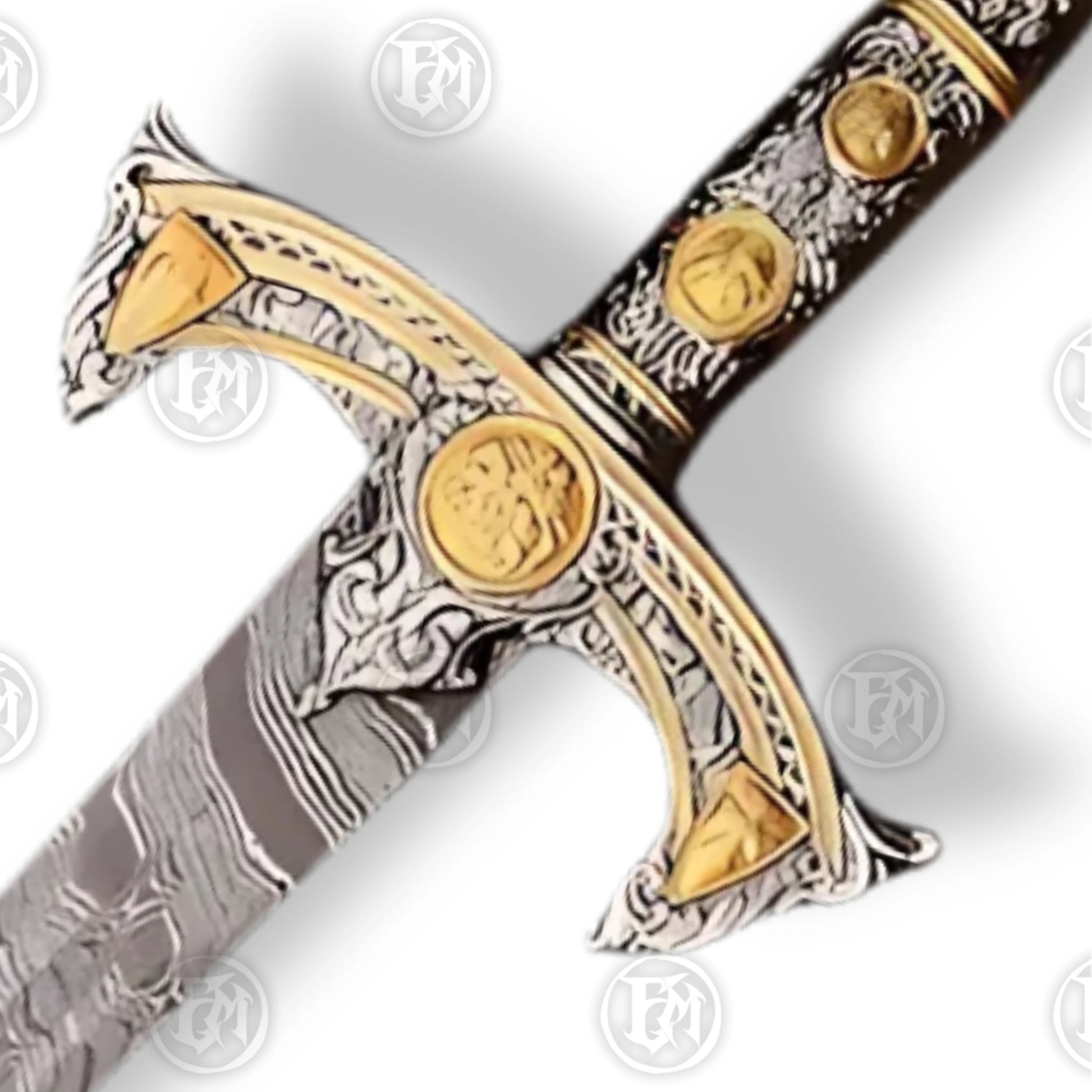 Premium Templar Knights Damascus Longsword Replica with Oak Plaque