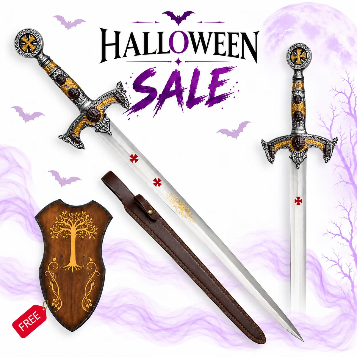 Templar Knights stainless steel replica sword with ornate gold and silver hilt, brown scabbard and free display shield in Halloween sale.