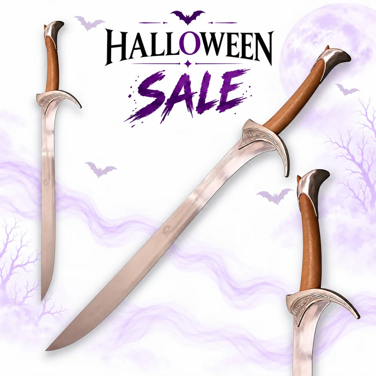 Thorin Oakenshield Orcrist sword replica from The Hobbit with curved silver Elven blade, engraved crossguard and brown handle, featured in Europe Mark's Halloween sale.