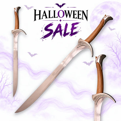 Thorin Oakenshield Orcrist sword replica from The Hobbit with curved silver Elven blade, engraved crossguard and brown handle, featured in Europe Mark's Halloween sale.