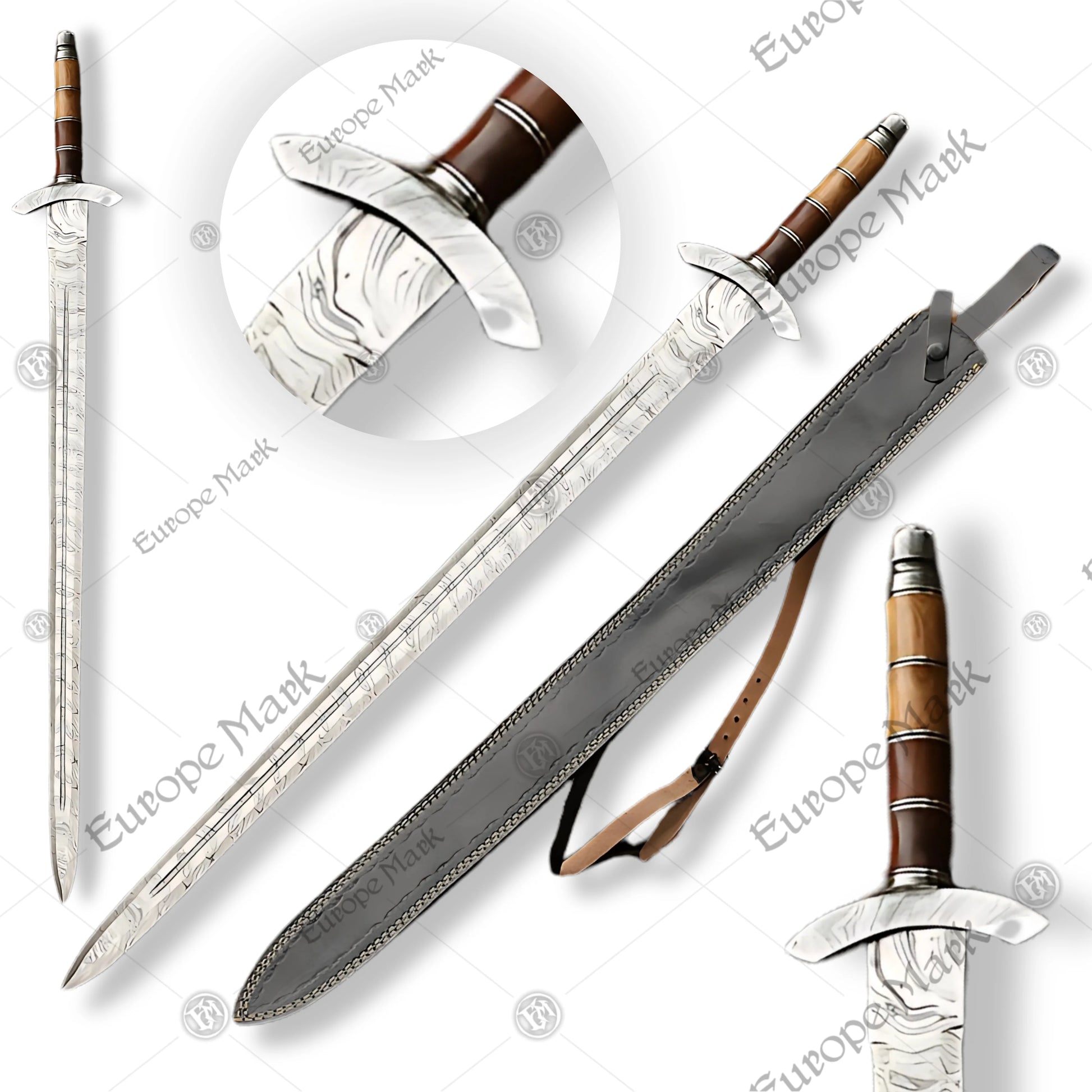 Premium Viking Damascus Sword Replica with Ash Wood Plaque