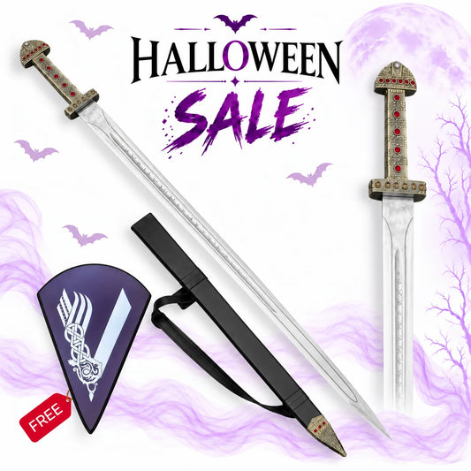 Ragnar Lothbrok Viking replica sword with ornate red-studded hilt, silver blade, black scabbard and Viking display shield in Europe Mark's Halloween sale.